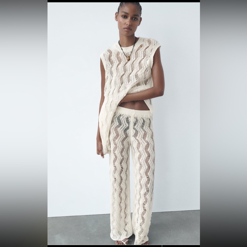Zara crochet wide leg open knit mesh pants - Picture 3 of 10